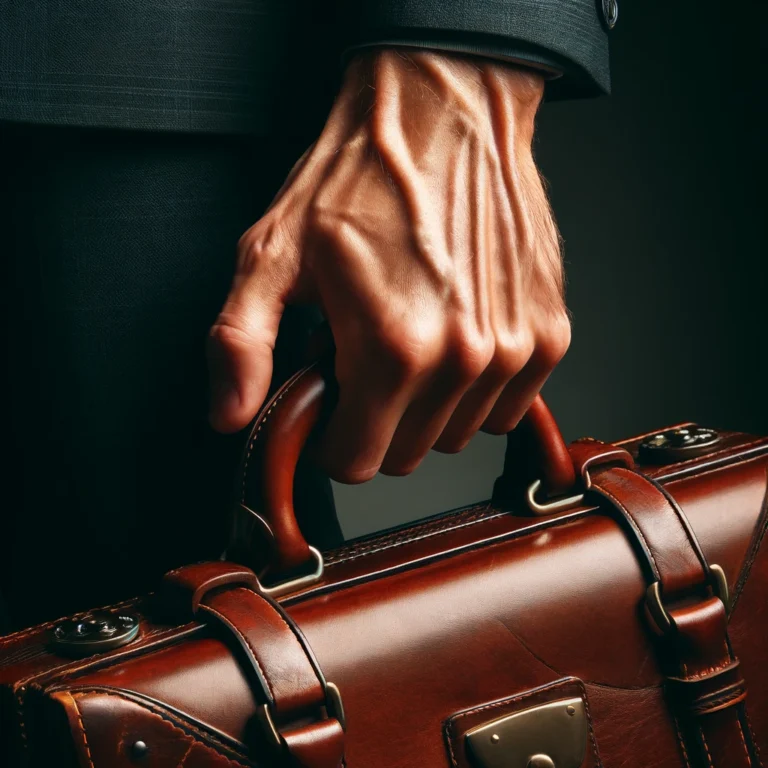 A close-up image of a male hand holding a briefcase. The hand is well-defined with prominent veins, showing a strong grip on the handle briefcase